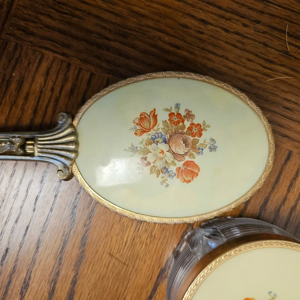 Vintage 3pc Vanity Set Floral Enamel Gold Filigree Mirror Brush Crystal Jar
